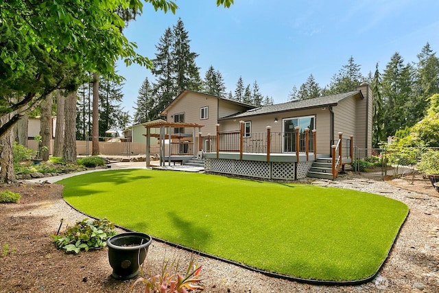 13832 146th Pl SE, Renton, WA 98059 - rear view of property featuring a wooden deck, fence, and a chimney