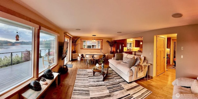 living room featuring light wood-style flooring and a water view