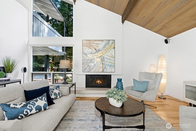 21010 NE 33rd Pl, Sammamish, WA 98074 - living area with wooden ceiling, wood finished floors, a warm lit fireplace, healthy amount of natural light, and high vaulted ceiling