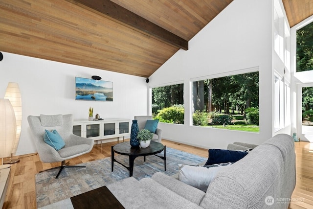 21010 NE 33rd Pl, Sammamish, WA 98074 - living area featuring beam ceiling, high vaulted ceiling, wood ceiling, and wood finished floors