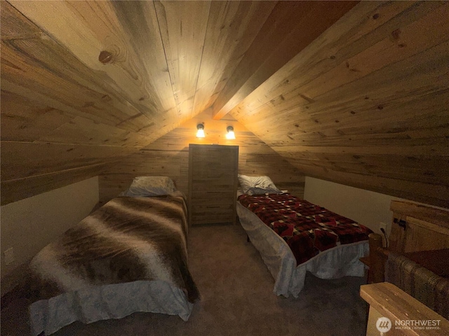 22415 Stirrup Rd, Leavenworth, WA 98826 - bedroom featuring wooden ceiling, wooden walls, lofted ceiling, and carpet floors
