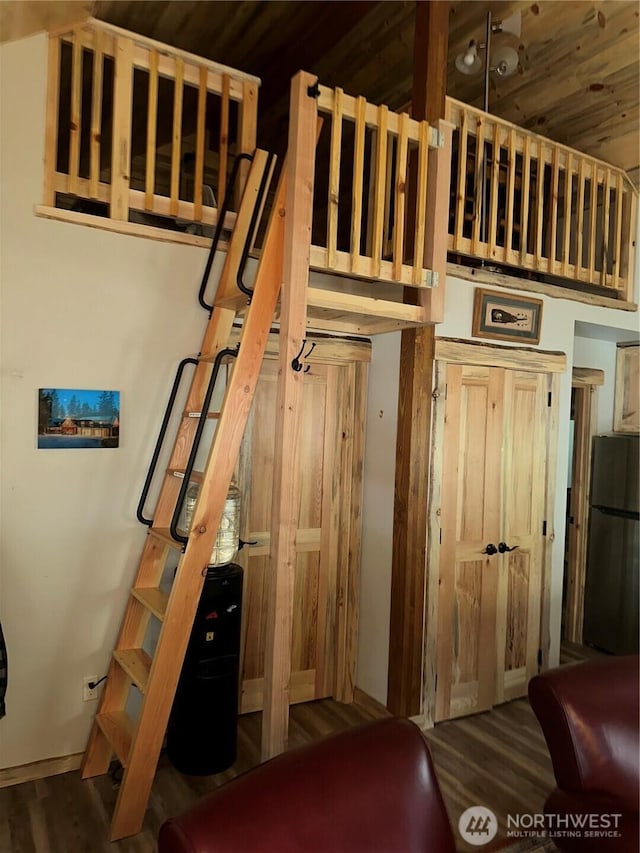 22415 Stirrup Rd, Leavenworth, WA 98826 - staircase with wood finished floors and wood ceiling