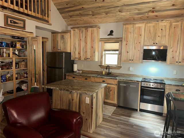 22415 Stirrup Rd, Leavenworth, WA 98826 - kitchen with appliances with stainless steel finishes, a sink, light wood-style flooring, wood ceiling, and light brown cabinetry