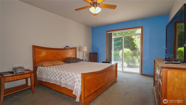 bedroom with access to outside, carpet floors, and ceiling fan