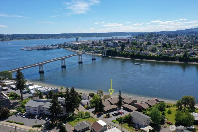 drone / aerial view of a notable bridge and a nearby body of water