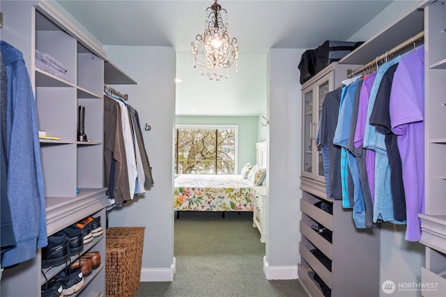 spacious closet with carpet and a chandelier