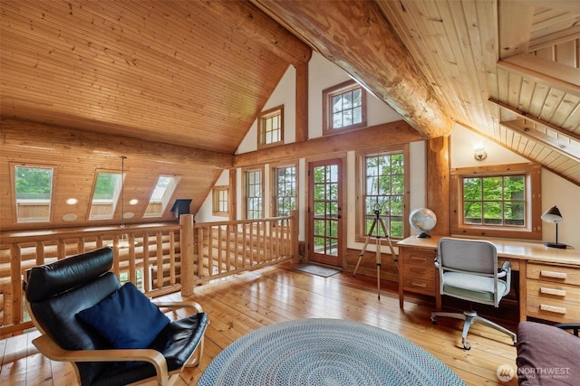 1465 Magnolia Ln, Camano Island, WA 98282 - office with wood ceiling, high vaulted ceiling, hardwood / wood-style floors, healthy amount of natural light, and beamed ceiling