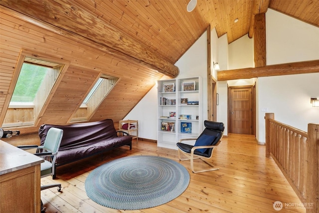 1465 Magnolia Ln, Camano Island, WA 98282 - sitting room with light wood-type flooring, beam ceiling, wooden ceiling, baseboards, and high vaulted ceiling