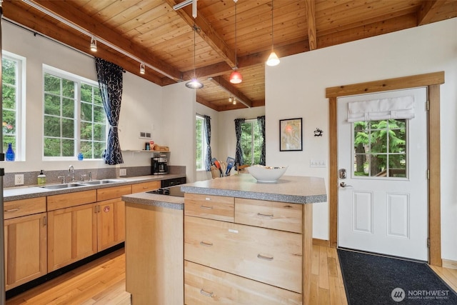 1465 Magnolia Ln, Camano Island, WA 98282 - kitchen featuring wood ceiling, track lighting, light brown cabinetry, light wood-style flooring, and a sink