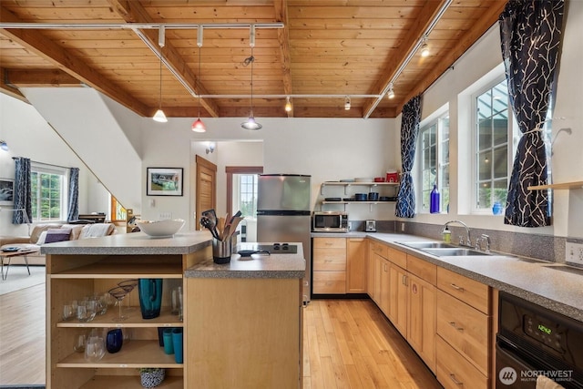 1465 Magnolia Ln, Camano Island, WA 98282 - kitchen with track lighting, open shelves, light brown cabinets, a sink, and wooden ceiling