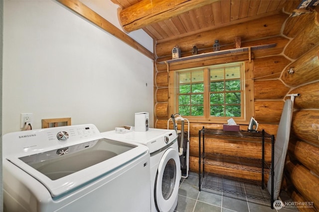 1465 Magnolia Ln, Camano Island, WA 98282 - laundry room featuring log walls, washer and clothes dryer, wooden ceiling, and tile patterned floors