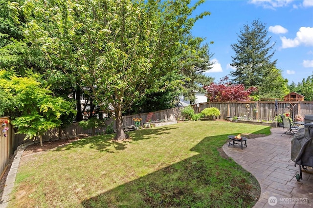 view of yard with a fire pit and a patio