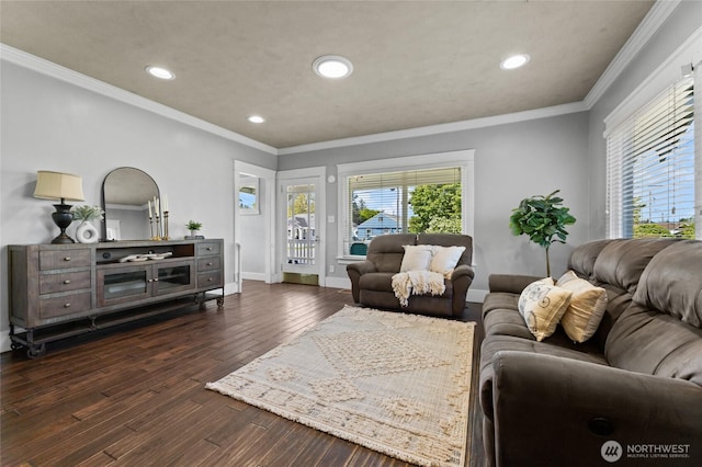 256 S C St, Buckley, WA 98321 - living area with dark wood-type flooring, plenty of natural light, recessed lighting, baseboards, and ornamental molding