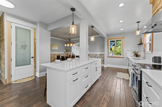 256 S C St, Buckley, WA 98321 - kitchen featuring stainless steel electric range oven, a sink, exhaust hood, dark wood-type flooring, and baseboards