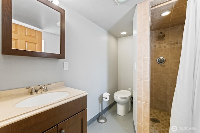 256 S C St, Buckley, WA 98321 - bathroom with toilet, a stall shower, vanity, concrete floors, and recessed lighting