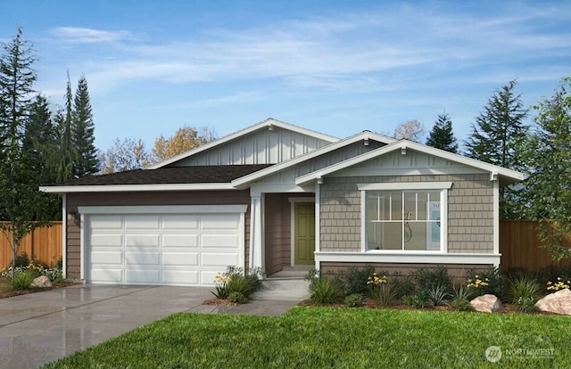 view of front of home with concrete driveway, an attached garage, and board and batten siding