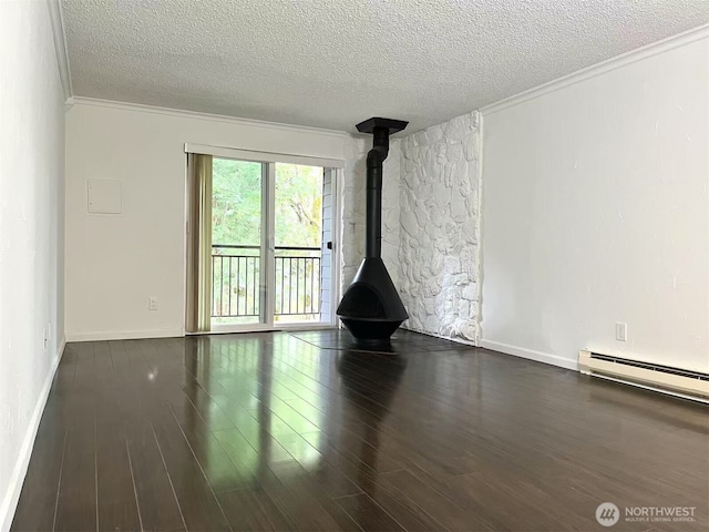 14760 NE 31st St Unit A308, Bellevue, WA 98007 - unfurnished living room with crown molding, wood finished floors, a textured ceiling, baseboards, and baseboard heating