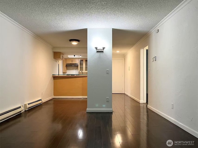 14760 NE 31st St Unit A308, Bellevue, WA 98007 - unfurnished living room featuring crown molding, a textured ceiling, baseboard heating, dark wood-style floors, and a sink