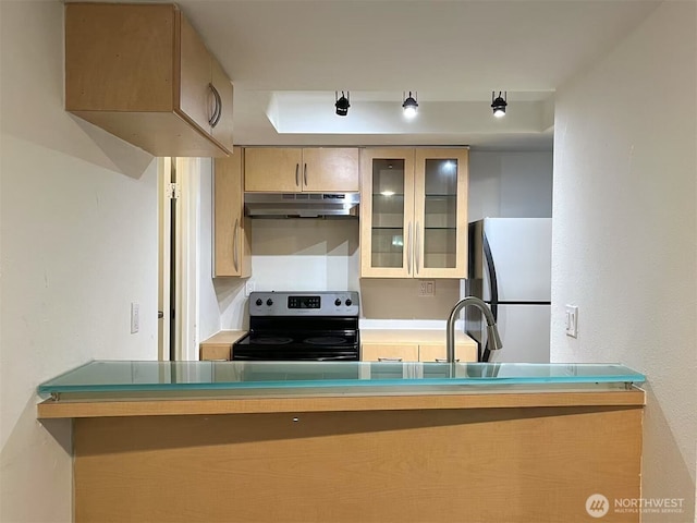 14760 NE 31st St Unit A308, Bellevue, WA 98007 - kitchen with stainless steel appliances, under cabinet range hood, and glass insert cabinets