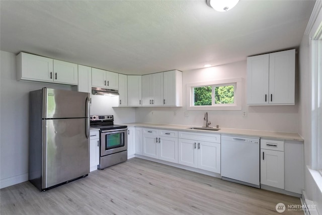 6835 S I St, Tacoma, WA 98408 - kitchen with appliances with stainless steel finishes, under cabinet range hood, a sink, and light wood-type flooring