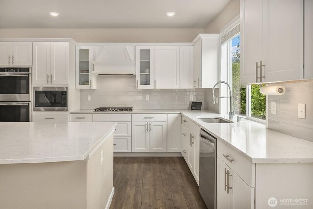 kitchen with a sink, appliances with stainless steel finishes, custom exhaust hood, white cabinetry, and tasteful backsplash