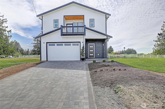 1458 Larkspur Ln, Camano Island, WA 98282 - contemporary house featuring a balcony, a garage, decorative driveway, and board and batten siding