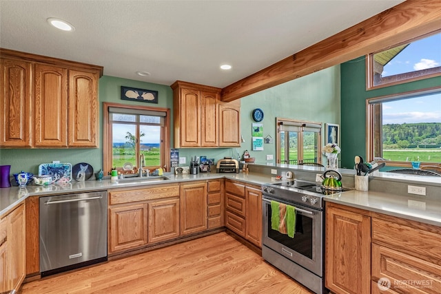 6238 Willow Grove Rd, Longview, WA 98632 - kitchen with appliances with stainless steel finishes, a sink, light countertops, light wood-type flooring, and recessed lighting