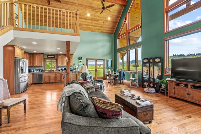 6238 Willow Grove Rd, Longview, WA 98632 - living area featuring high vaulted ceiling, ceiling fan, light wood-type flooring, and recessed lighting