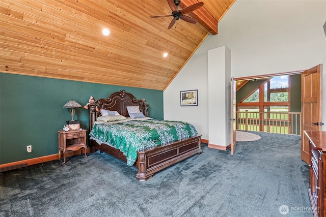 6238 Willow Grove Rd, Longview, WA 98632 - carpeted bedroom with wooden ceiling, baseboards, recessed lighting, high vaulted ceiling, and beamed ceiling