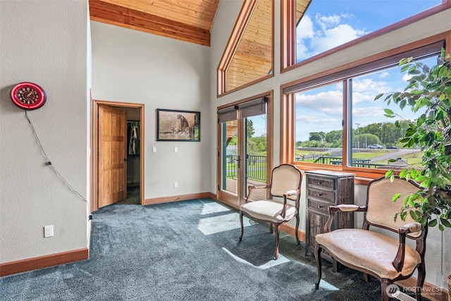 6238 Willow Grove Rd, Longview, WA 98632 - living area featuring high vaulted ceiling, carpet flooring, baseboards, and wood ceiling