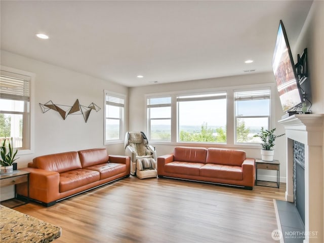 2668 83rd Avenue Ct E, Edgewood, WA 98371 - living area featuring a fireplace, wood finished floors, and recessed lighting