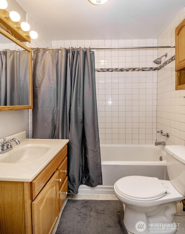 213 S 70th St, Tacoma, WA 98408 - full bathroom with toilet, vanity, shower / bath combo with shower curtain, and tile patterned flooring