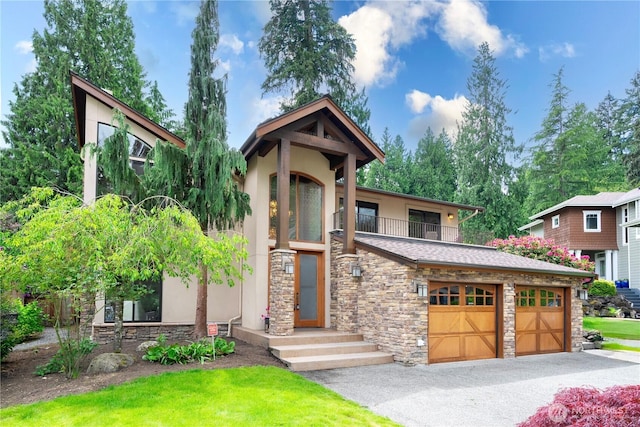 16915 SE 39th St, Bellevue, WA 98008 - view of front facade featuring stone siding, a balcony, and stucco siding