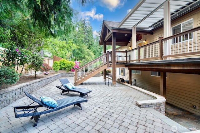 16915 SE 39th St, Bellevue, WA 98008 - view of patio featuring stairs, a fenced backyard, and a wooden deck