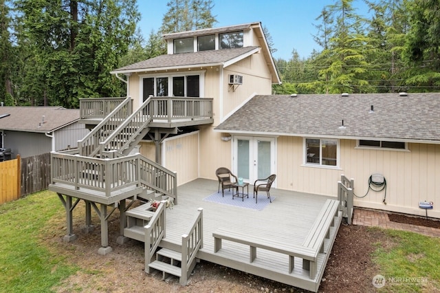 1115 207th Pl NE, Sammamish, WA 98074 - rear view of house with a shingled roof, a wooden deck, stairs, and french doors
