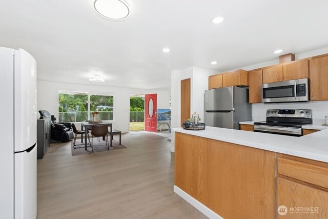 1115 207th Pl NE, Sammamish, WA 98074 - kitchen featuring stainless steel appliances, open floor plan, light countertops, light wood-style flooring, and recessed lighting