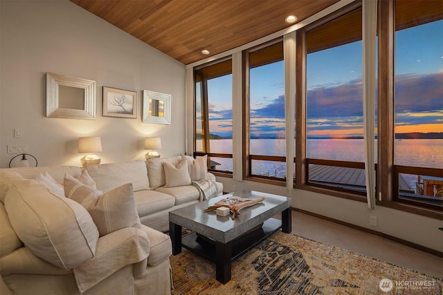3316 SW 172nd St, Burien, WA 98166 - living area featuring wooden ceiling, a water view, vaulted ceiling, and recessed lighting