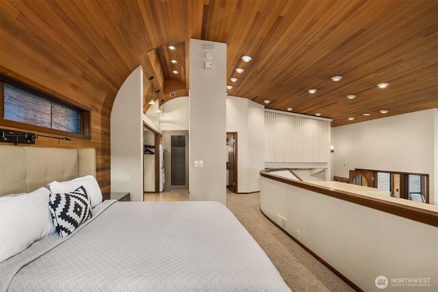 3316 SW 172nd St, Burien, WA 98166 - bedroom with wood ceiling, recessed lighting, carpet floors, and lofted ceiling