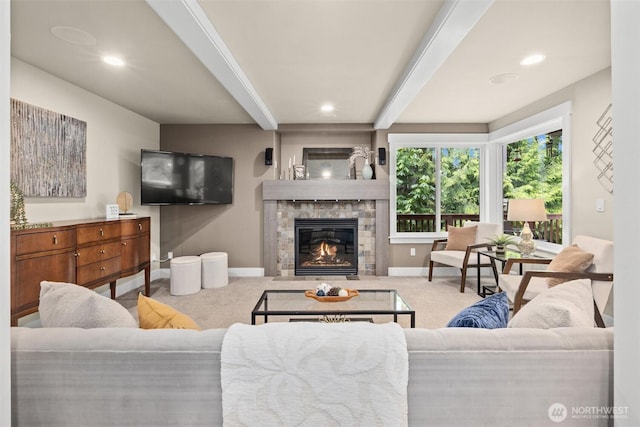 12331 3rd Ave NE, Marysville, WA 98271 - carpeted living area featuring beamed ceiling, baseboards, a fireplace, and recessed lighting