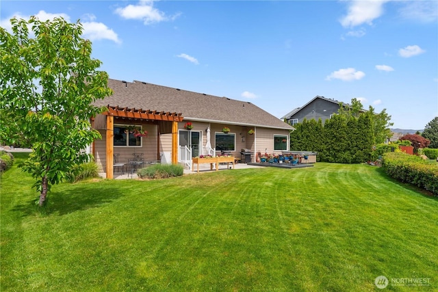 2835 Aspen Shores Dr, East Wenatchee, WA 98802 - rear view of house with a pergola, a patio area, a lawn, and roof with shingles