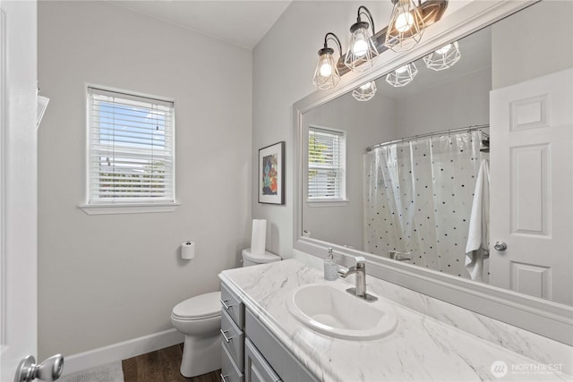 2835 Aspen Shores Dr, East Wenatchee, WA 98802 - bathroom featuring toilet, baseboards, vanity, wood finished floors, and curtained shower