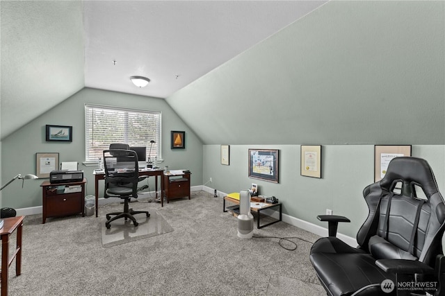 2835 Aspen Shores Dr, East Wenatchee, WA 98802 - office area featuring carpet, lofted ceiling, and baseboards
