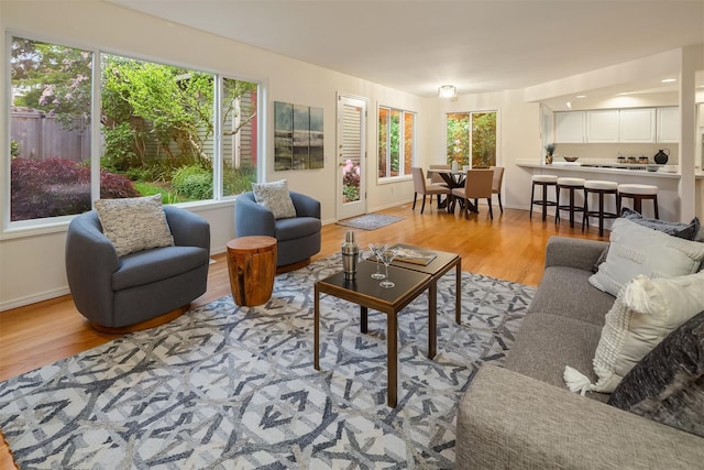 living room featuring light wood-style flooring, plenty of natural light, and baseboards