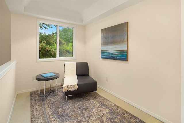 living area featuring a tray ceiling and baseboards