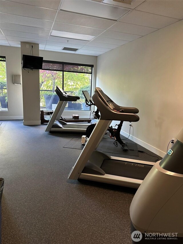 2721 1st Ave Unit 103, Seattle, WA 98121 - workout area featuring baseboards, a paneled ceiling, and healthy amount of natural light
