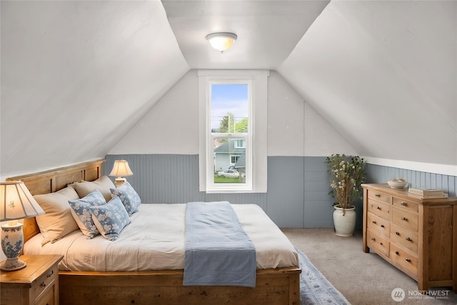 1118 W Wishkah St, Aberdeen, WA 98520 - bedroom with lofted ceiling, light colored carpet, and a wainscoted wall