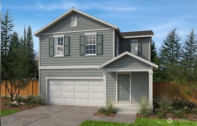 traditional home featuring fence, driveway, and a garage