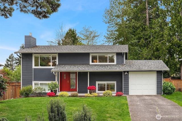 view of front of home with an attached garage, driveway, a chimney, and a shingled roof