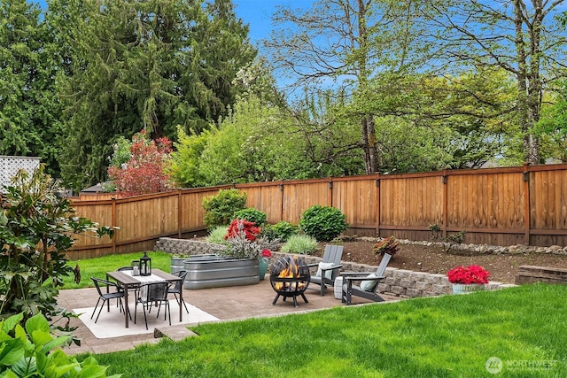 view of yard featuring a patio and a fire pit