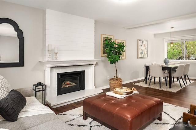 living area with wood finished floors, a fireplace, and baseboards
